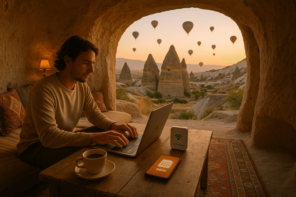 Digital nomad working remotely in a cave home in Cappadocia with a ConnectPls WiFi device, fairy chimneys and hot-air balloons in the background.