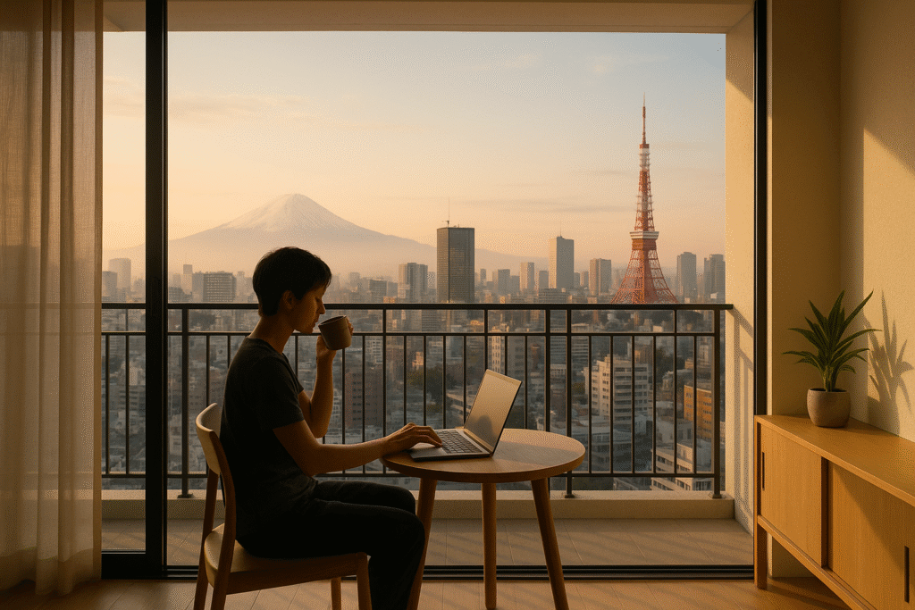 Digital nomad working on a laptop while sipping coffee on a Tokyo apartment balcony at sunrise, with a panoramic view of the city skyline and Mount Fuji in the background; modern minimalist interior and peaceful atmosphere.