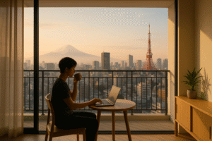 Digital nomad working on a laptop while sipping coffee on a Tokyo apartment balcony at sunrise, with a panoramic view of the city skyline and Mount Fuji in the background; modern minimalist interior and peaceful atmosphere.