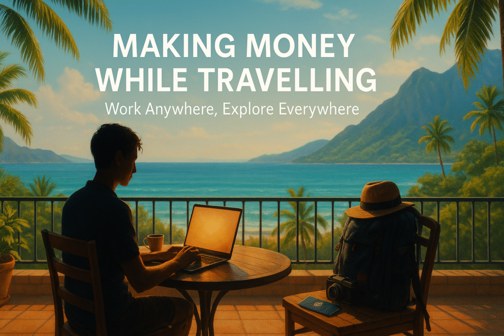 Digital nomad working remotely on a laptop at a tropical beachside café with ocean view, palm trees, backpack, passport, and camera — concept of making money while traveling