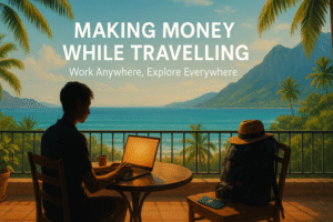 Digital nomad working remotely on a laptop at a tropical beachside café with ocean view, palm trees, backpack, passport, and camera — concept of making money while traveling