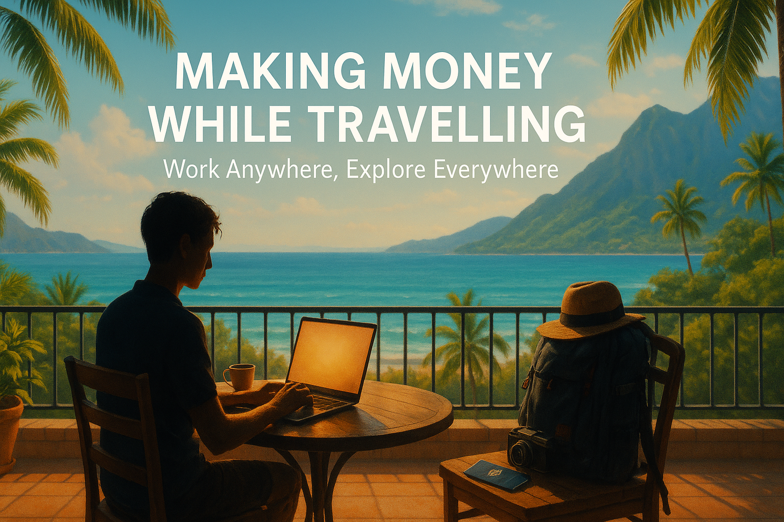 Digital nomad working remotely on a laptop at a tropical beachside café with ocean view, palm trees, backpack, passport, and camera — concept of making money while traveling