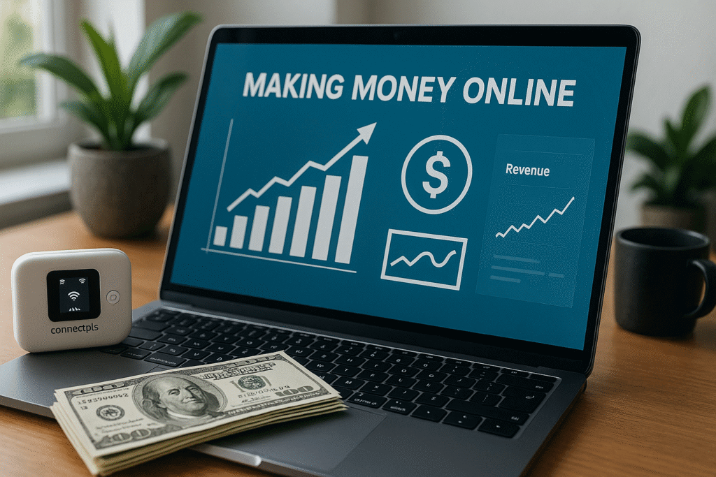 Ultra-realistic image of a modern workspace with a laptop displaying 'Making Money Online', stack of $100 bills, ConnectPls pocket WiFi device, coffee mug, and indoor plant – representing remote work and online income setup
