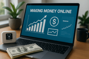 Ultra-realistic image of a modern workspace with a laptop displaying 'Making Money Online', stack of $100 bills, ConnectPls pocket WiFi device, coffee mug, and indoor plant – representing remote work and online income setup