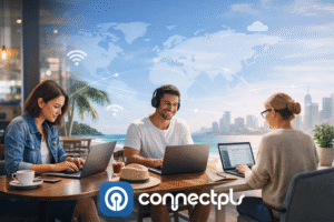 Beginners working remotely on laptops in different locations, representing ways to make money online in 2026 with global internet access powered by ConnectPls.