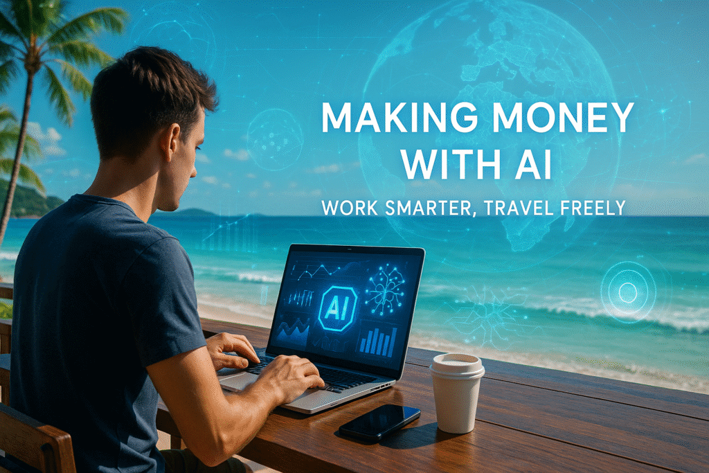Young digital nomad working remotely on AI projects at a beachside café, with laptop showing artificial intelligence charts and futuristic holograms, symbolizing making money with AI and remote work lifestyle