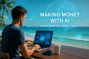 Young digital nomad working remotely on AI projects at a beachside café, with laptop showing artificial intelligence charts and futuristic holograms, symbolizing making money with AI and remote work lifestyle