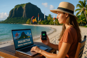 Digital nomad woman working remotely on a beach in Mauritius with Le Morne Brabant mountain in the background, using a laptop displaying "Mauritius Digital Nomad Guide" and holding a ConnectPls portable WiFi device.