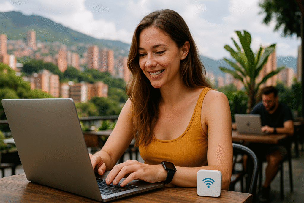 Smiling female digital nomad working on a laptop at an outdoor café in Medellín, Colombia, with a ConnectPls portable WiFi device and city skyline in the background