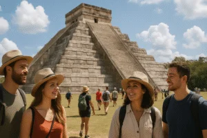 Tourists exploring the iconic El Castillo pyramid at Chichen Itza, one of Mexico’s safest and most beautiful destinations for travelers and digital nomads, under a sunny blue sky.