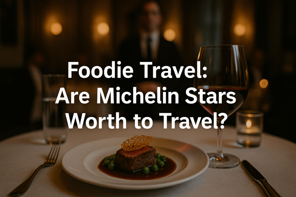 Unique, ultra-realistic image of a Michelin-star gourmet dish with artistic plating, wine, and moody fine-dining ambiance, capturing the allure of high-end culinary travel for blog conttent
