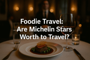 Unique, ultra-realistic image of a Michelin-star gourmet dish with artistic plating, wine, and moody fine-dining ambiance, capturing the allure of high-end culinary travel for blog content.