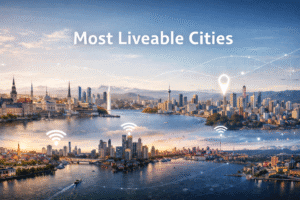 World’s most liveable cities panoramic skyline highlighting digital nomad lifestyle, global mobility, and ConnectPls internet solutions