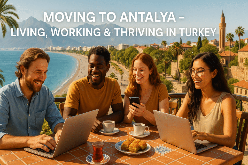 Digital nomads and expats at a seaside café in Antalya, Turkey, working on laptops with Turkish tea and baklava, Konyaaltı Beach and Mediterranean coast in the background – living and working in Antalya lifestyle concept.