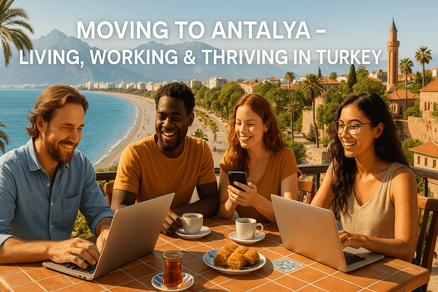 Digital nomads and expats at a seaside café in Antalya, Turkey, working on laptops with Turkish tea and baklava, Konyaaltı Beach and Mediterranean coast in the background – living and working in Antalya lifestyle concept.