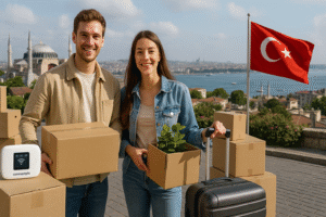 Young couple moving to Turkey holding boxes and a ConnectPls portable WiFi router, with Istanbul skyline and Turkish flag in the background