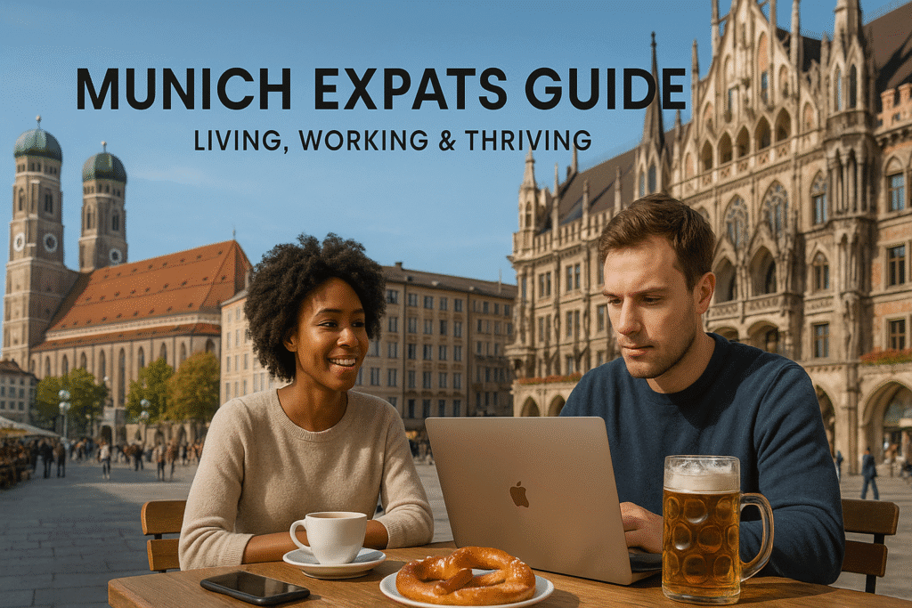 Munich expats working remotely at a café in Marienplatz with laptops, coffee, pretzel, and beer, showcasing expat life in Munich Germany.