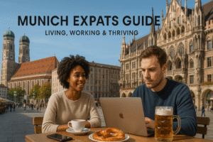 Munich expats working remotely at a café in Marienplatz with laptops, coffee, pretzel, and beer, showcasing expat life in Munich Germany.