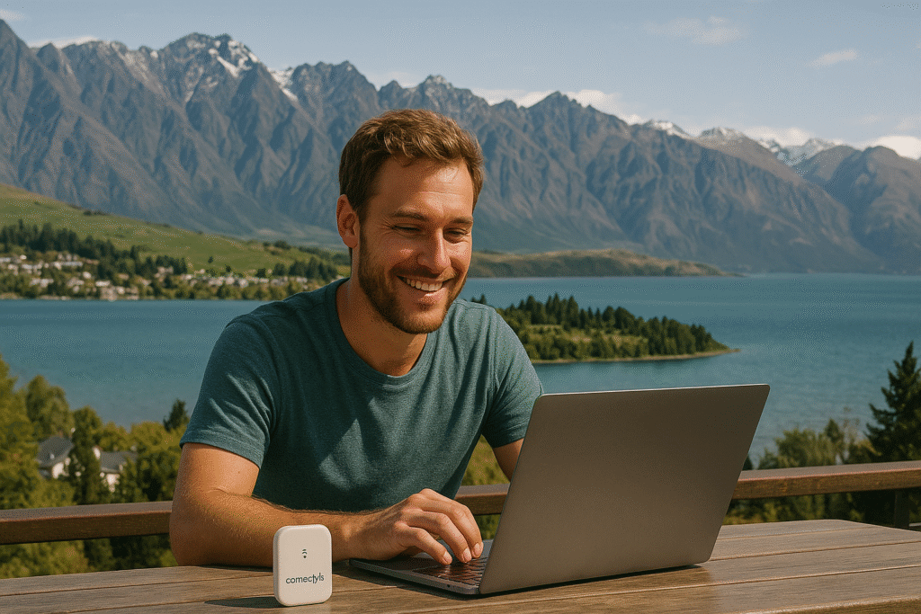 Smiling digital nomad working on laptop with ConnectPls pocket WiFi at lakeside coworking spot in Queenstown, New Zealand, with Remarkables mountain range in background