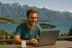 Smiling digital nomad working on laptop with ConnectPls pocket WiFi at lakeside coworking spot in Queenstown, New Zealand, with Remarkables mountain range in background