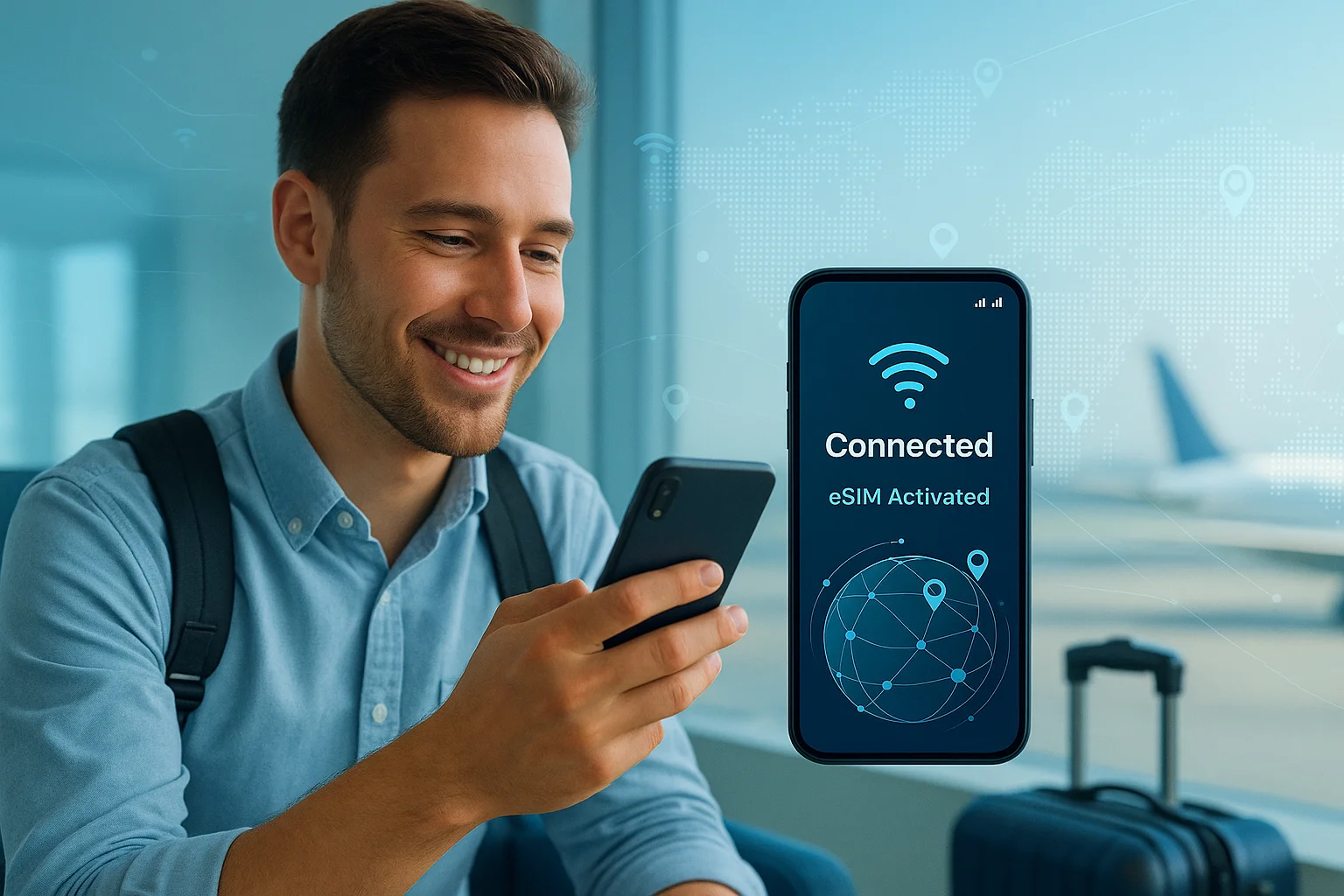 A smiling tech-savvy traveler sits in an airport lounge using a smartphone showing an active eSIM connection screen, with digital network icons and a globe overlay symbolizing global, contract-free internet access via ConnectPls. A blurred airplane and luggage are visible in the background, conveying modern, stress-free travel connectivity.