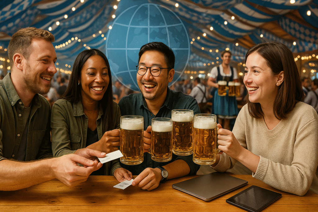 Expats at Oktoberfest in Germany enjoying beer and exchanging business cards in a festive Bavarian beer tent, highlighting multicultural networking for digital nomads and international professionals.