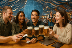 Expats at Oktoberfest in Germany enjoying beer and exchanging business cards in a festive Bavarian beer tent, highlighting multicultural networking for digital nomads and international professionals.