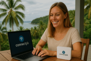 Blonde digital nomad using a ConnectPls laptop and modern antenna-free Wi-Fi router while working remotely on a tropical balcony in the Philippines, with ocean and palm tree views in the background.