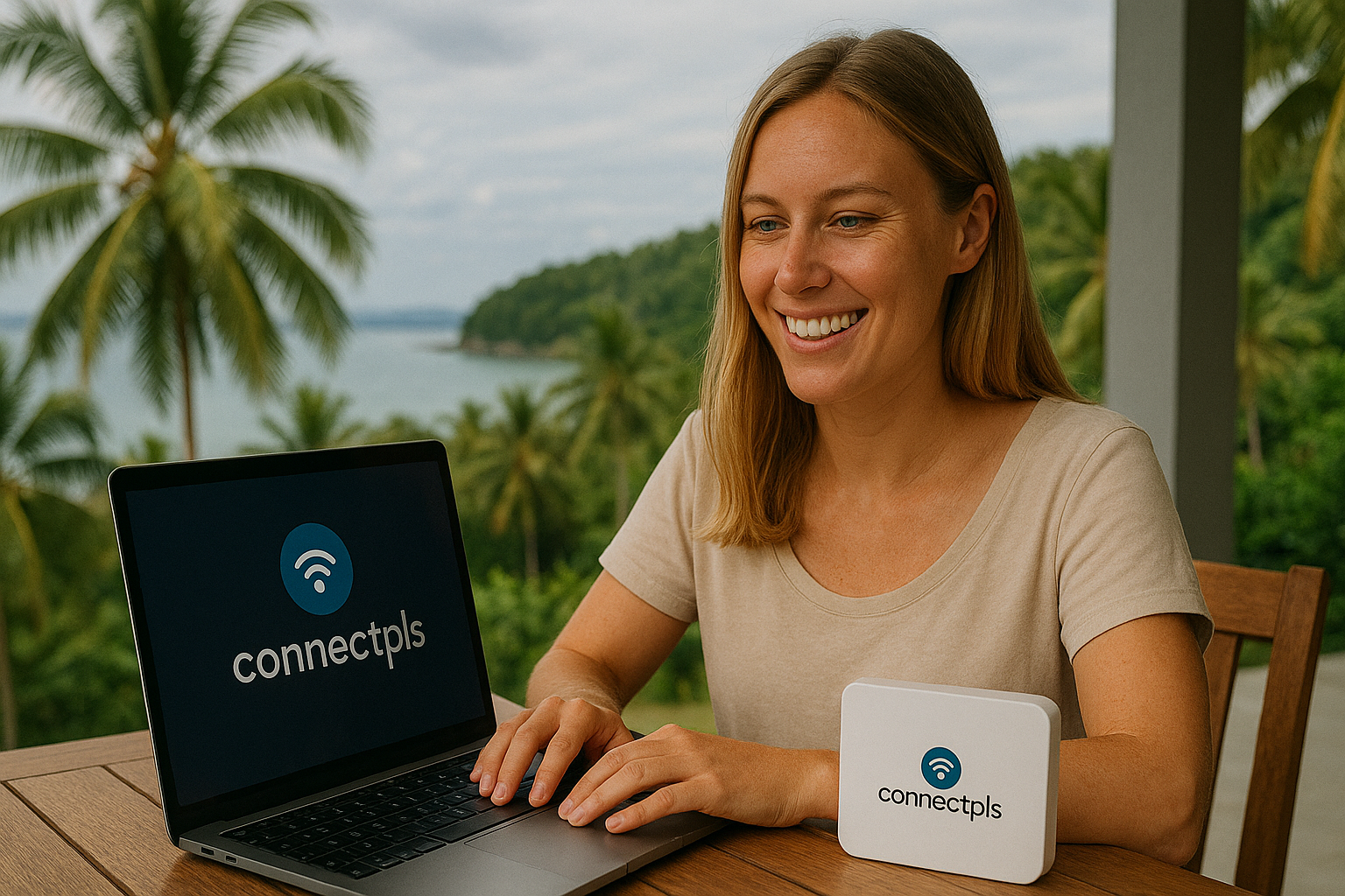 Blonde digital nomad using a ConnectPls laptop and modern antenna-free Wi-Fi router while working remotely on a tropical balcony in the Philippines, with ocean and palm tree views in the background.