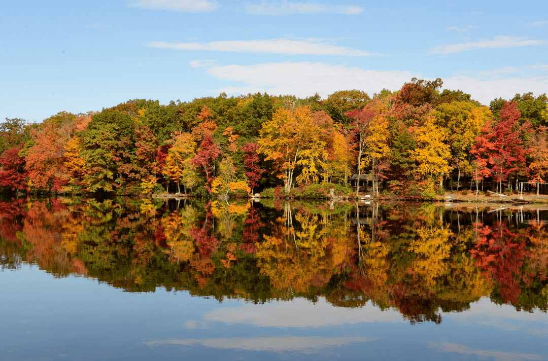 Fall foliage reflecting on a lake in the Poconos, showcasing the region’s famous autumn colors and seasonal beauty.