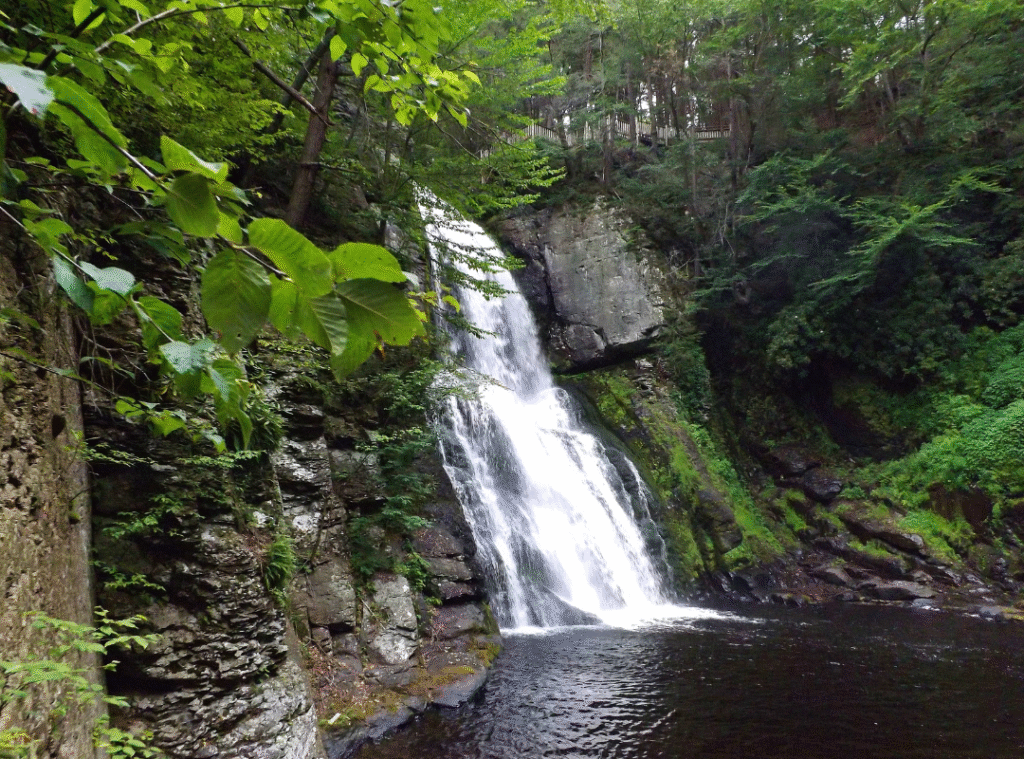 Bushkill Falls waterfall in the Poconos surrounded by lush forest, a popular hiking and nature attraction year-round.