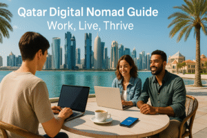 Digital nomads working outdoors at a waterfront café in Doha, Qatar, with West Bay skyline in the background; showcasing remote work, expat lifestyle, and luxury living for digital nomads in the Middle East