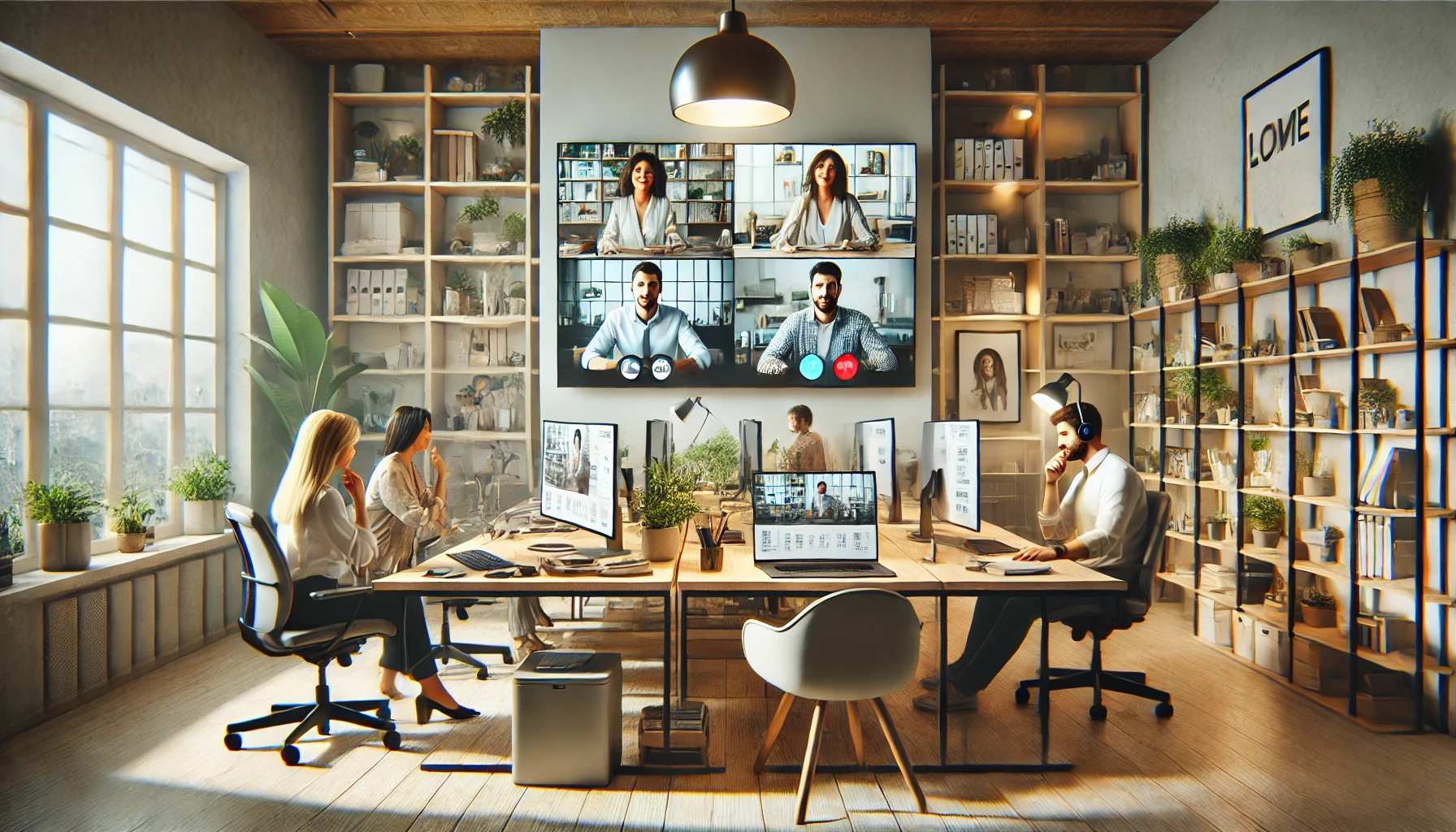 Diverse remote team collaborating via video call in modern home offices, showcasing professional virtual work environment with cozy, well-lit settings
