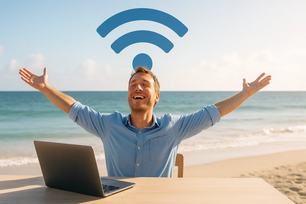 A cheerful man working remotely at a beachside table with a laptop, arms outstretched joyfully beneath a large blue Wi-Fi symbol in the sky, symbolizing freedom and connection in remote work life.