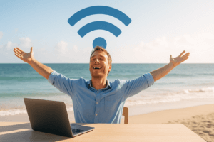 A cheerful man working remotely at a beachside table with a laptop, arms outstretched joyfully beneath a large blue Wi-Fi symbol in the sky, symbolizing freedom and connection in remote work life.
