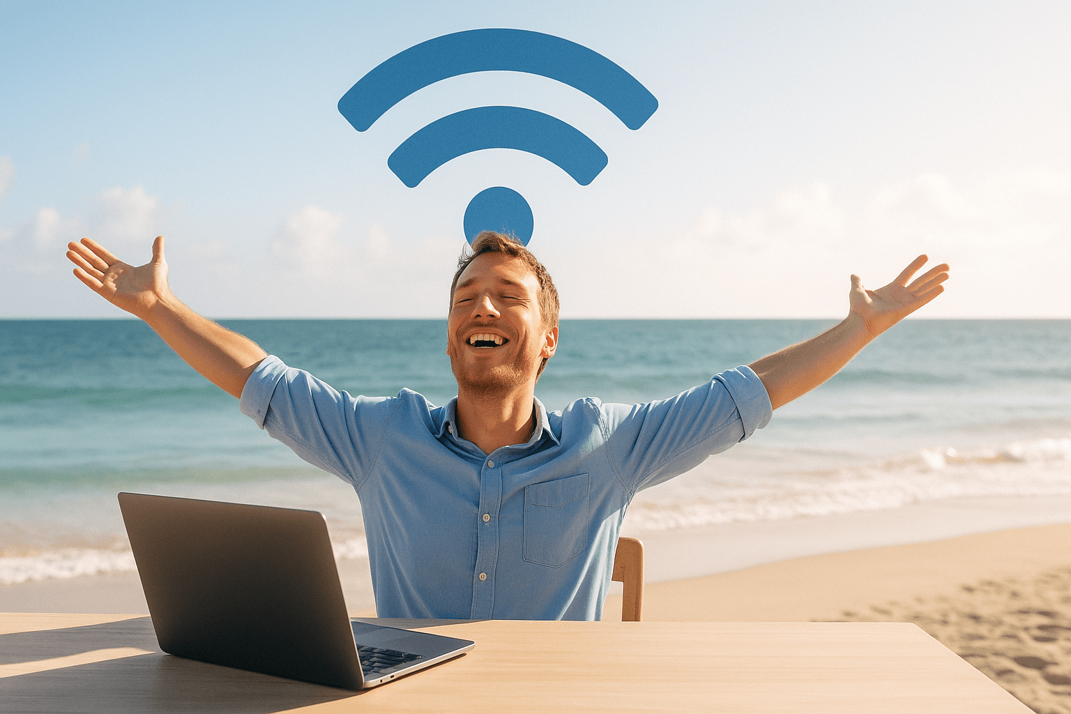 A cheerful man working remotely at a beachside table with a laptop, arms outstretched joyfully beneath a large blue Wi-Fi symbol in the sky, symbolizing freedom and connection in remote work life.