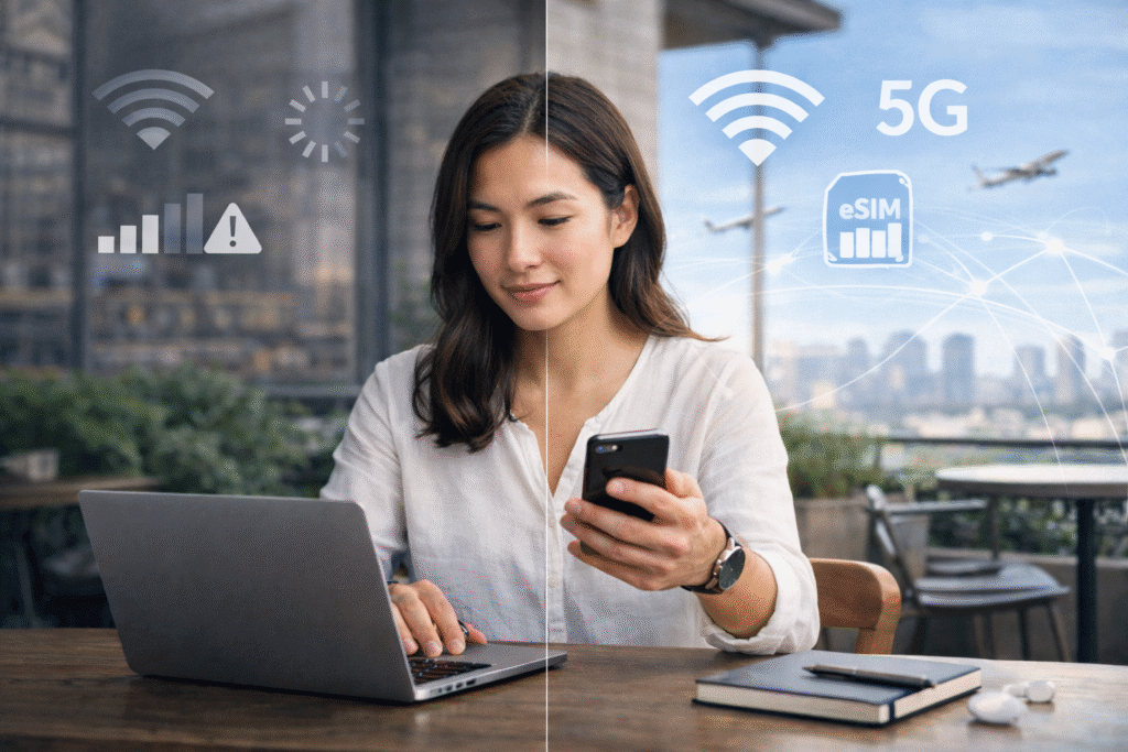 Female remote worker at a modern outdoor café using a laptop and smartphone to solve connectivity issues while traveling, with visual cues showing weak and strong internet signals, highlighting reliable global internet solutions like eSIM and 5G.