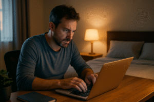 Remote worker in a cozy bedroom workspace focused on his laptop during evening hours with warm ambient lighting.