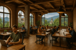 Digital nomad coworking space in Romania with Bran Castle and Transylvanian landscape visible through large arched windows, combining modern remote work culture with historic Romanian scenery.