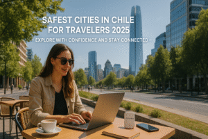 Female digital nomad working at an outdoor café in Santiago, Chile with ConnectPls portable WiFi device, Gran Torre Santiago in background, showcasing safe and modern urban travel in South America, 2025.