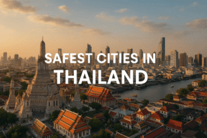 Aerial view of Bangkok, Thailand at sunset featuring Wat Arun temple and modern skyline, illustrating one of the safest cities in Thailand for travel and living.