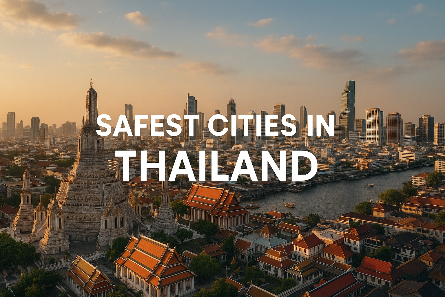 Aerial view of Bangkok, Thailand at sunset featuring Wat Arun temple and modern skyline, illustrating one of the safest cities in Thailand for travel and living.