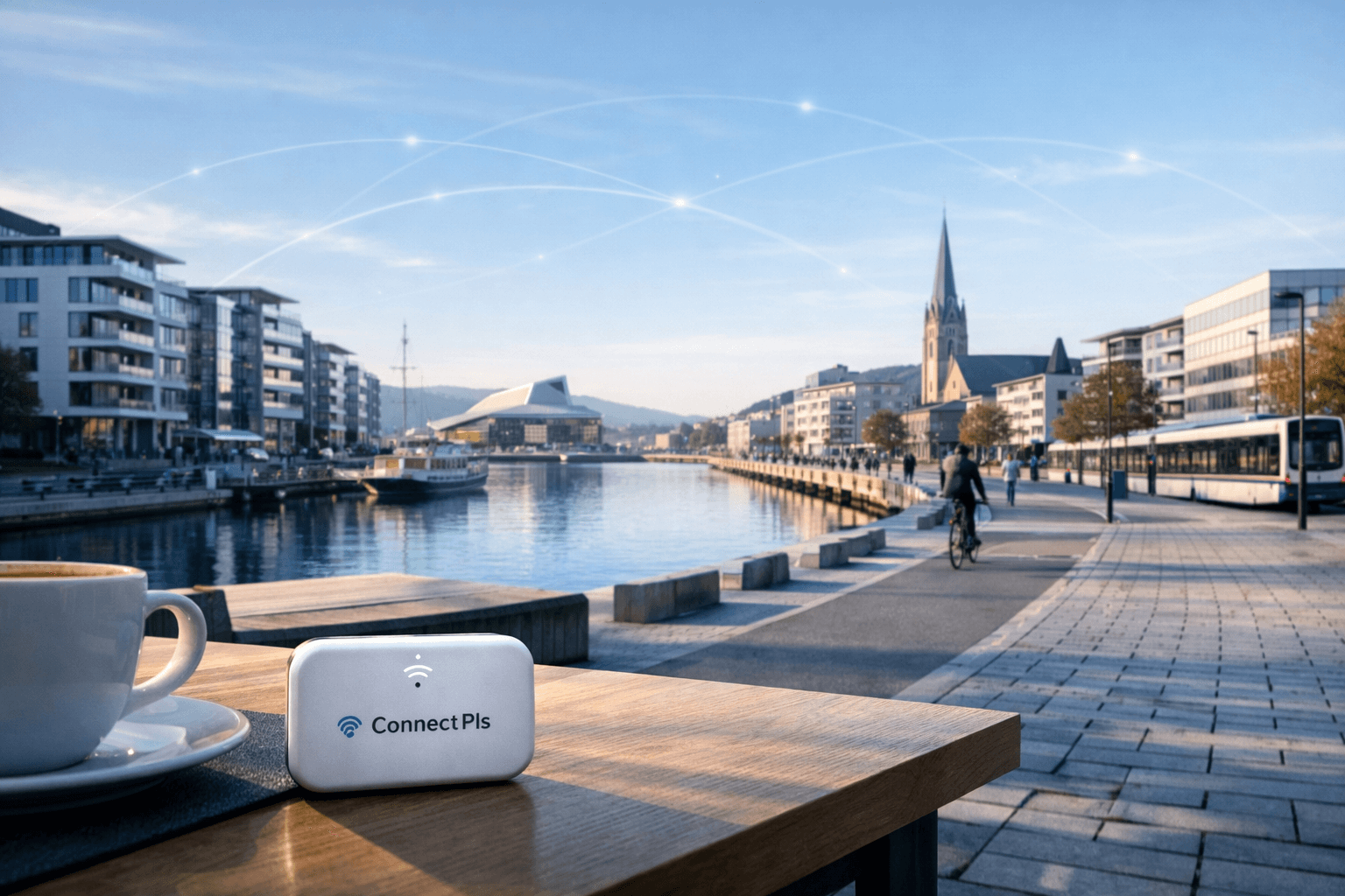 Ultra-realistic Nordic city waterfront representing one of the safest cities to live in 2026, featuring a ConnectPls portable WiFi device for reliable expat connectivity.