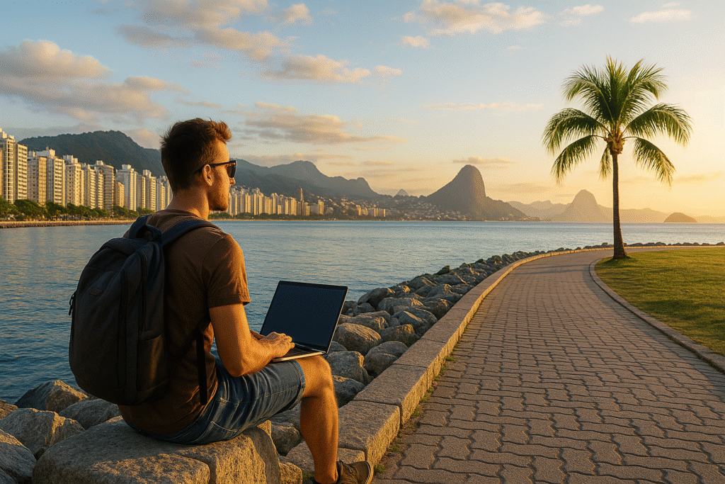 Digital nomad with laptop enjoying sunset at Rio de Janeiro waterfront, overlooking Sugarloaf Mountain and skyline — one of the safest cities in Brazil for remote workers