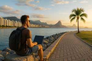 Digital nomad with laptop enjoying sunset at Rio de Janeiro waterfront, overlooking Sugarloaf Mountain and skyline — one of the safest cities in Brazil for remote workers