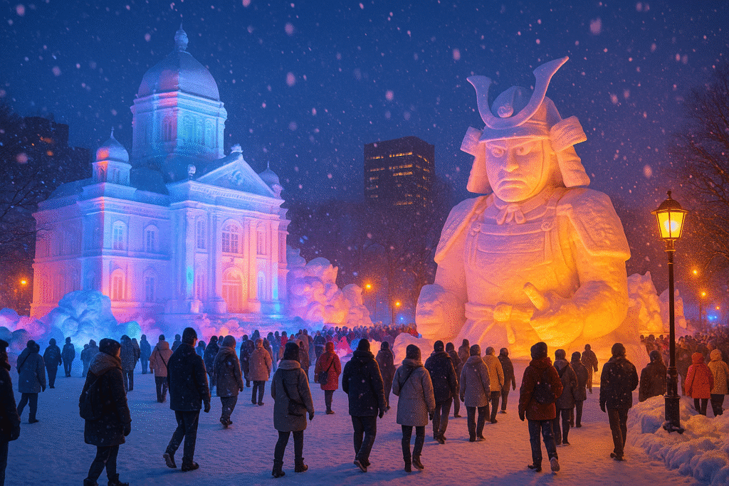 Ultra-realistic Sapporo Snow Festival scene in Japan at dusk, featuring illuminated snow sculptures of a historic building and samurai figure, with crowds in winter attire and softly falling snow