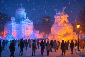 Ultra-realistic Sapporo Snow Festival scene in Japan at dusk, featuring illuminated snow sculptures of a historic building and samurai figure, with crowds in winter attire and softly falling snow