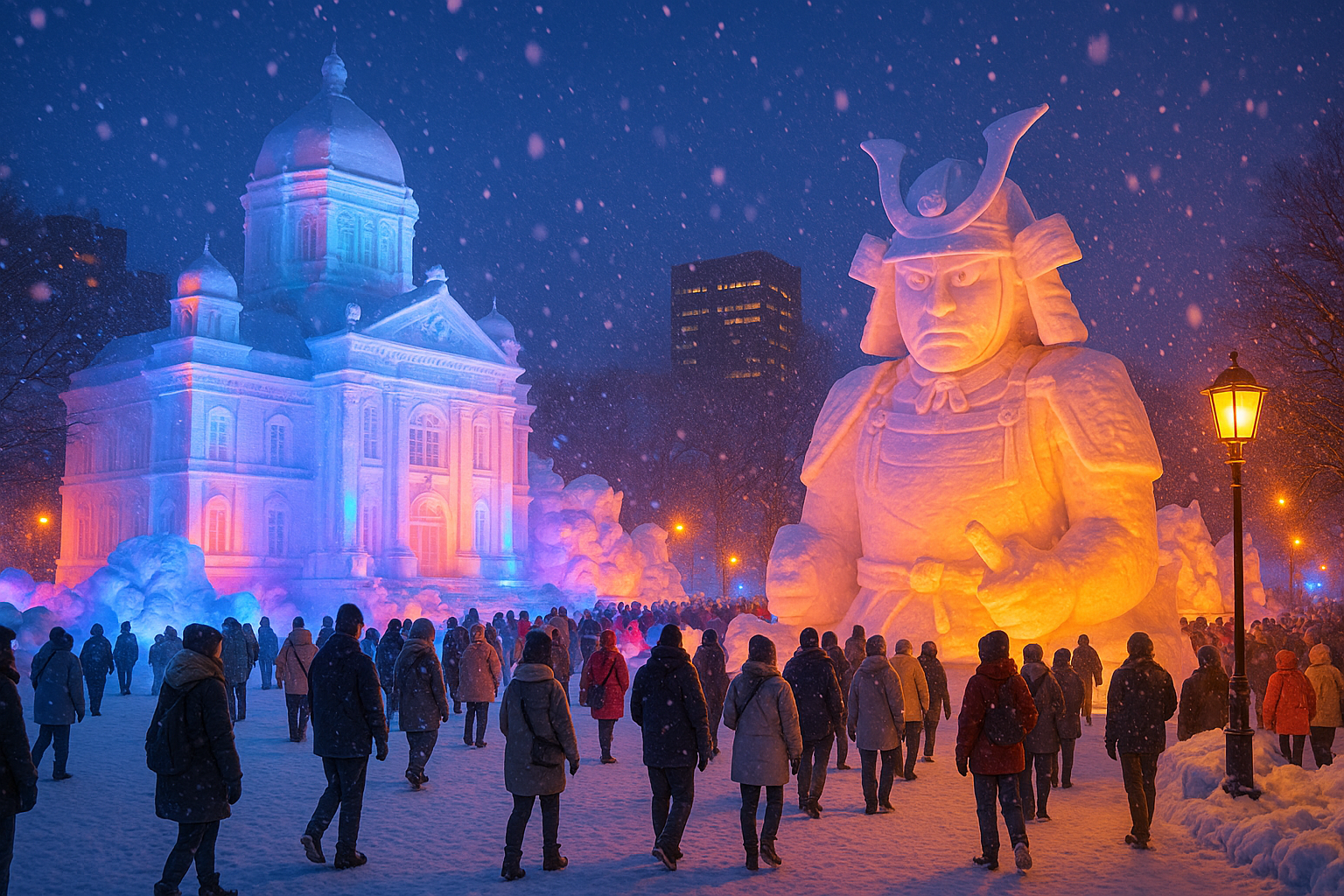 Ultra-realistic Sapporo Snow Festival scene in Japan at dusk, featuring illuminated snow sculptures of a historic building and samurai figure, with crowds in winter attire and softly falling snow