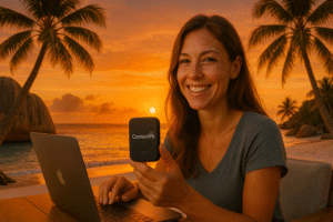 Smiling female digital nomad using ConnectPls pocket Wi-Fi while working on a laptop at sunset on a Seychelles beach with iconic granite boulders and palm trees in the background
