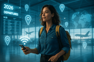 Confident solo female traveler using smartphone in a futuristic 2026 international airport with WiFi and digital map icons symbolizing global connectivity and unlimited internet from ConnectPls.